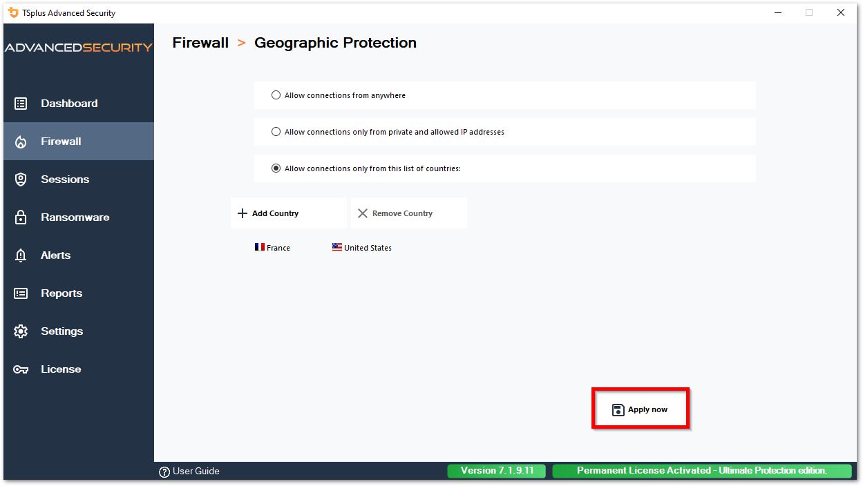 Geographic Protection Apply changes