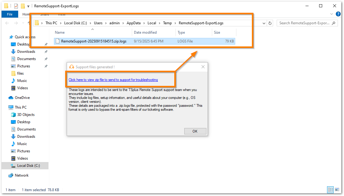 TSplus Remote Support logs export