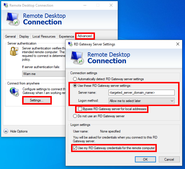 mstsc advanced RDG configuration