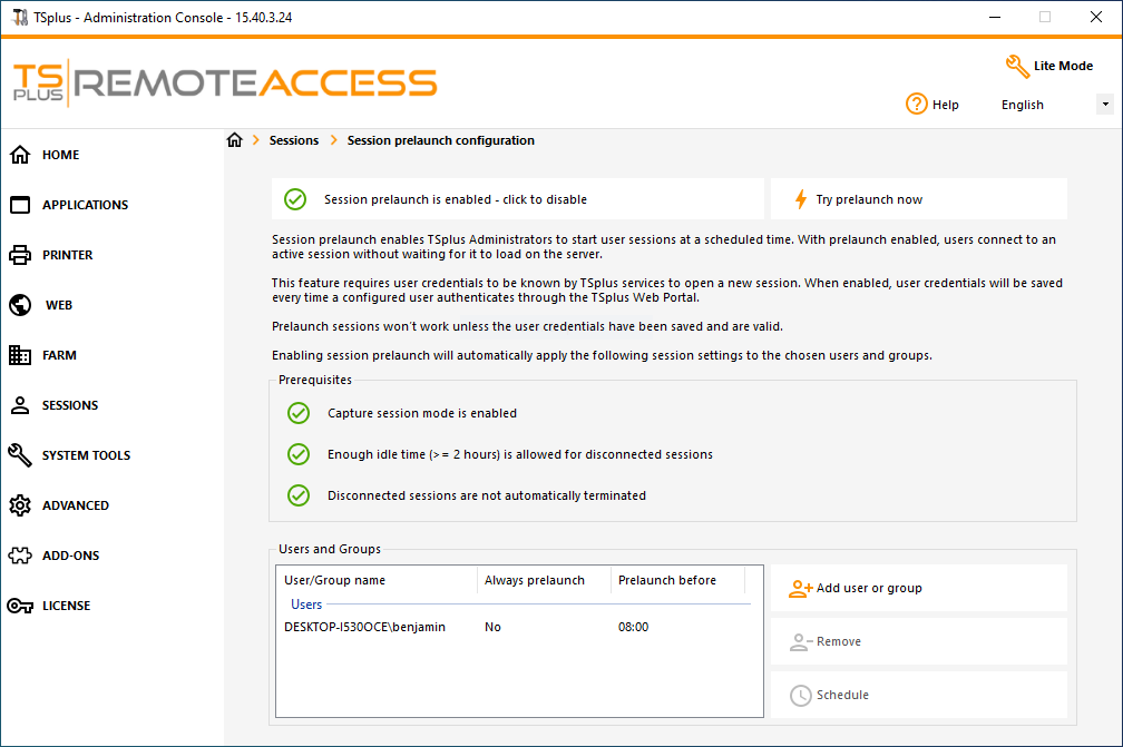 Session prelaunch configuration menu